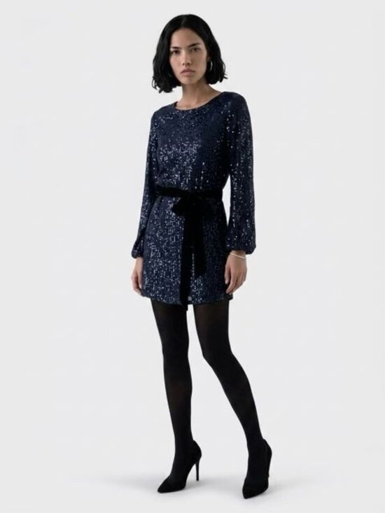 Dress Forum Dresses & Skirts - Sequined Navy Blue Long Sleeve Mini Dress With Belt - Dress Forum Los Angeles -